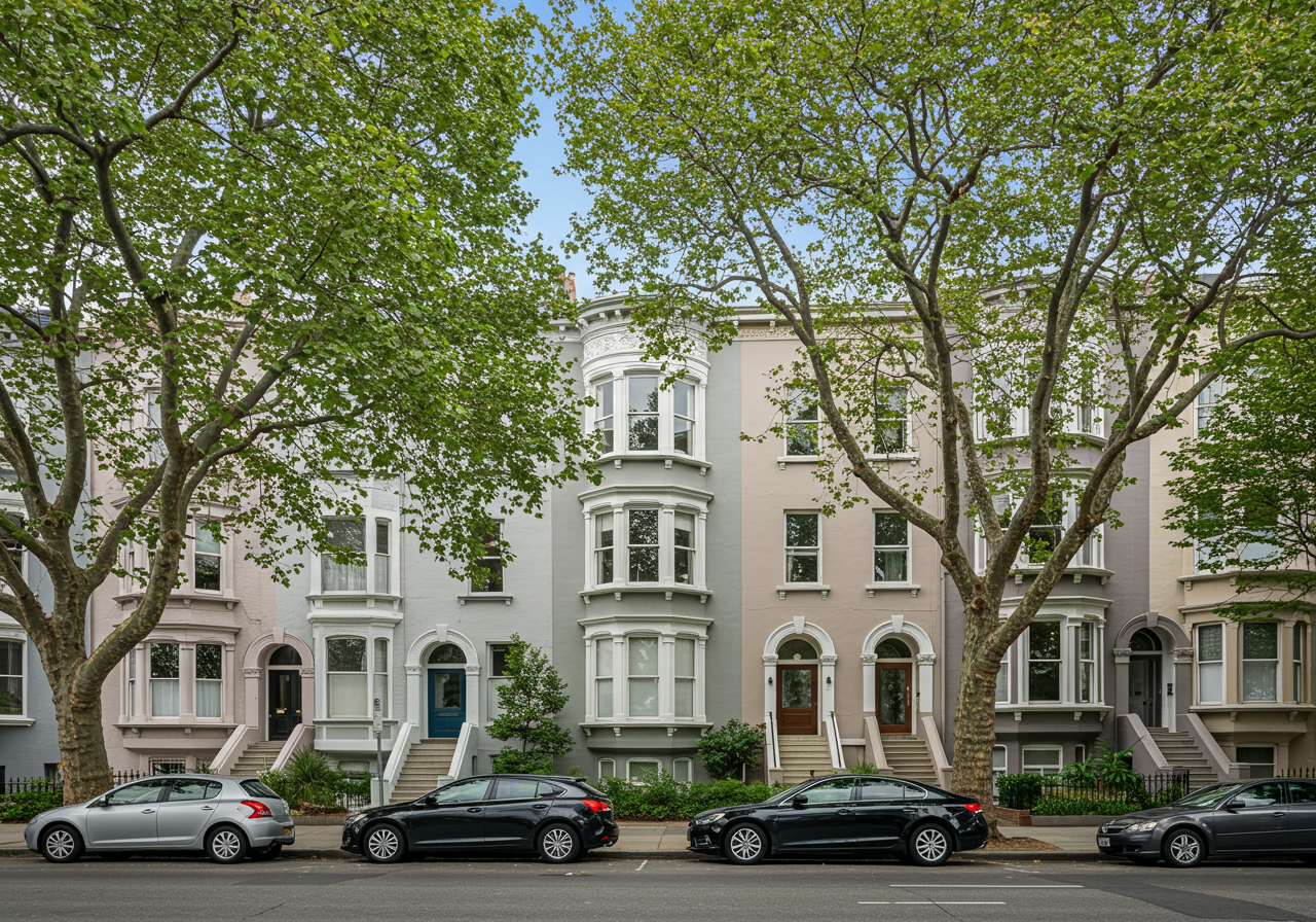 Cars parked near mansions in city residential district in sunlight