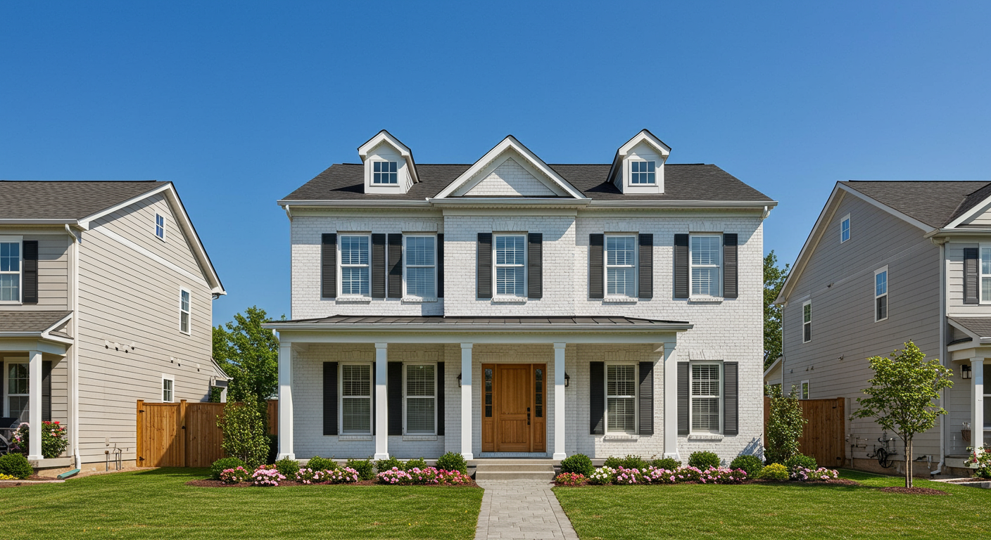 A two-story Colonial-style white house with a flower and plant box, a front porch with railings, a walkway, and a front lawn.