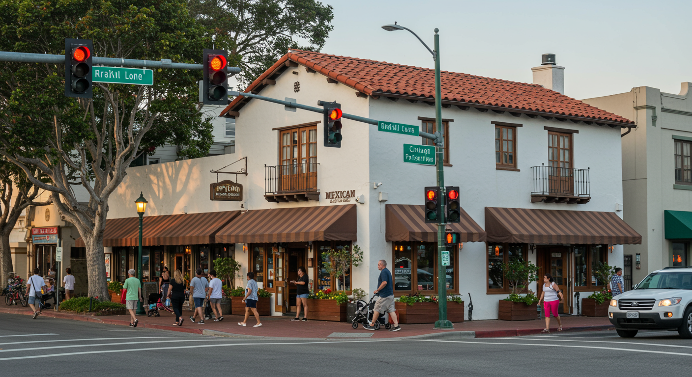 Busy street at stoplight with pedestrians walking by shops and restaurants