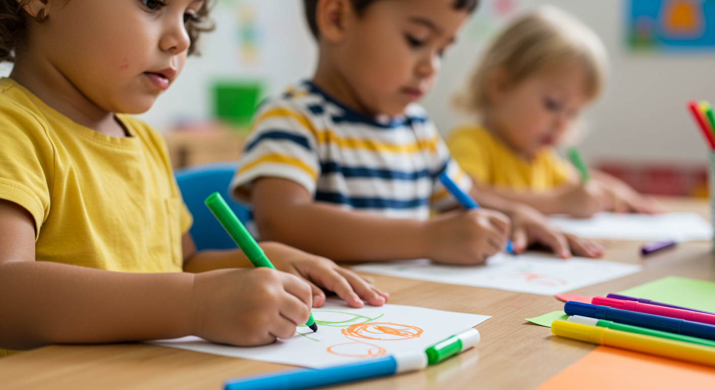 Children draw with colorful markers at a table.