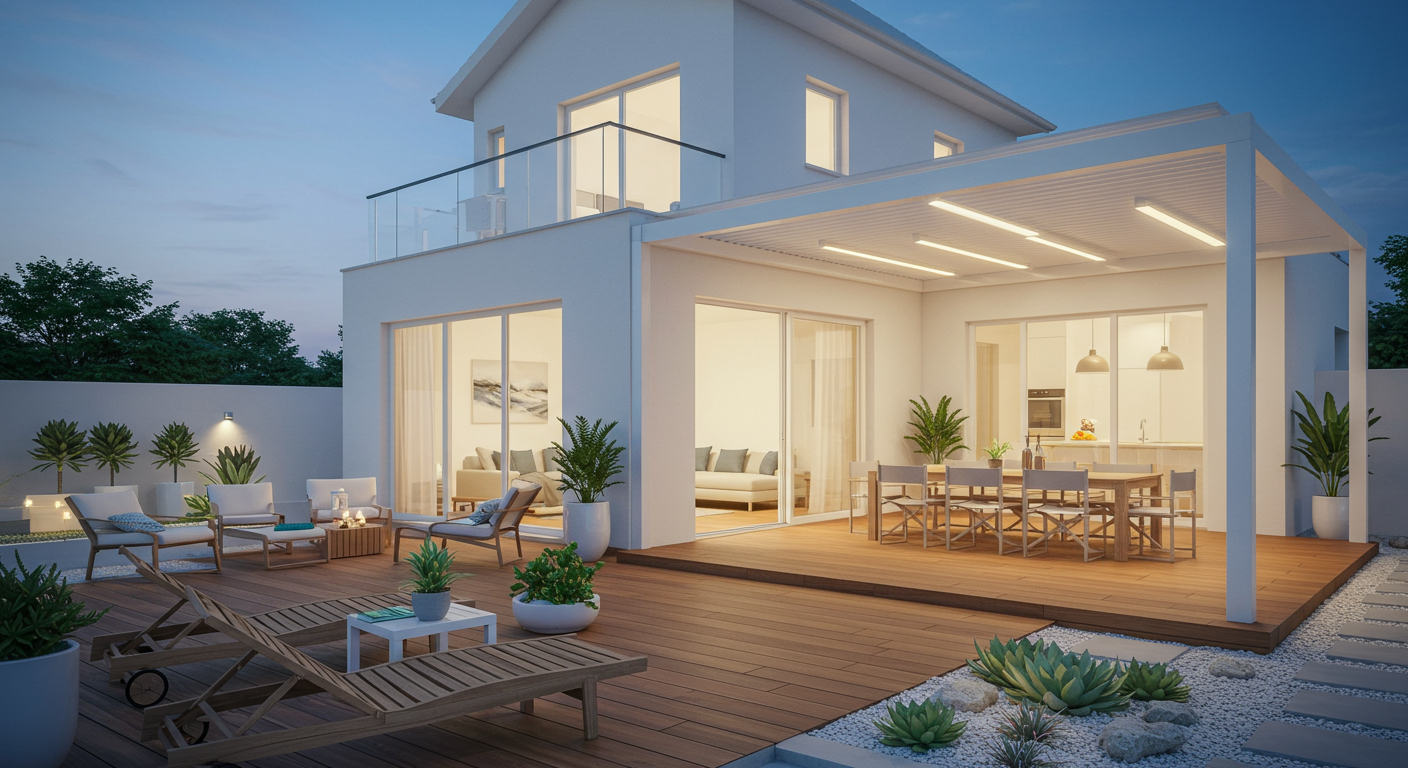A wooden deck with chairs and a table set for a meal in front of a white house.