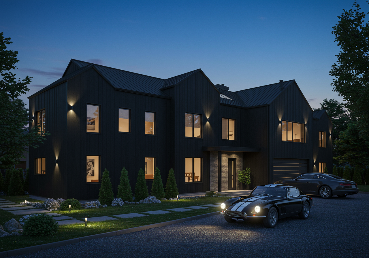 Picture of a villa with a car parked in front of it