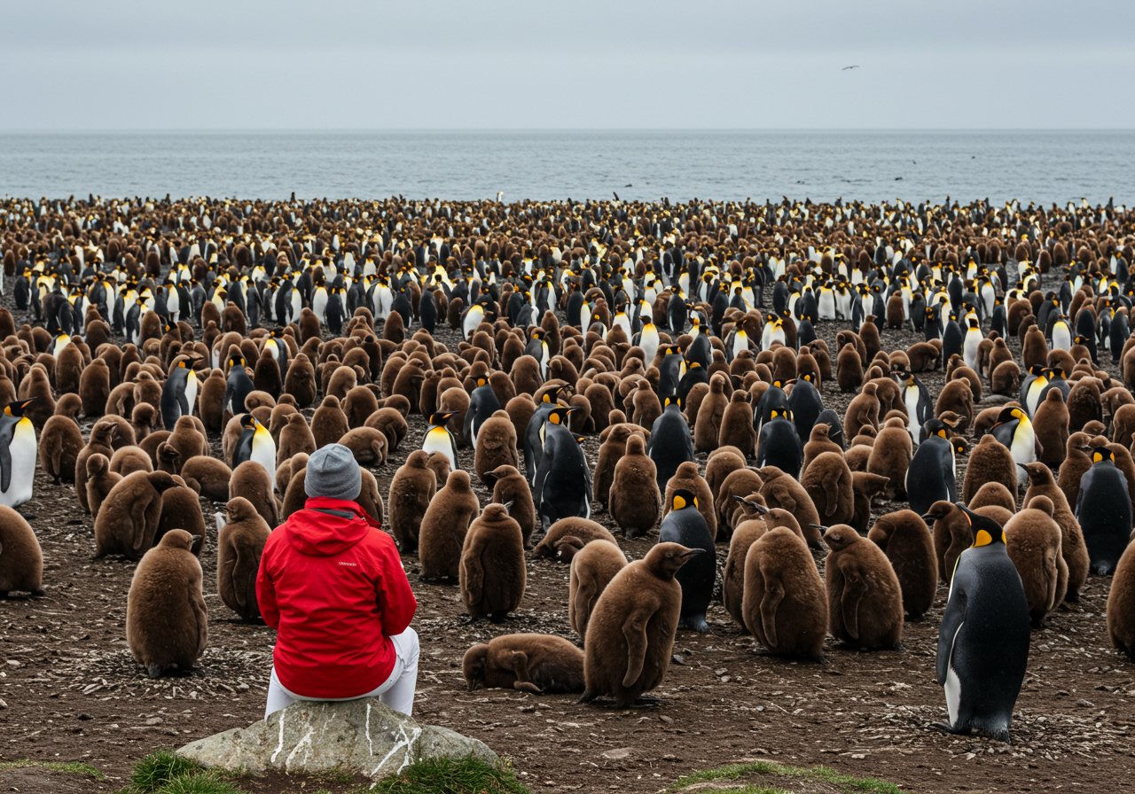 A travelers sits on a rock above a horde or penguins. 