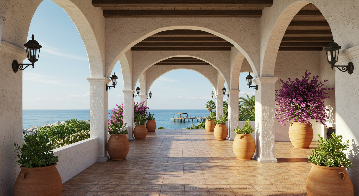 View of the ocean and pier from Casa Romantica, a building with white arches