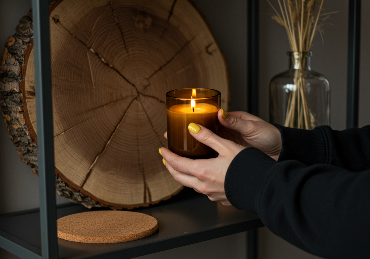 Woman's hands delicately holding a scented candle, creating a soothing and aromatic ambiance.
