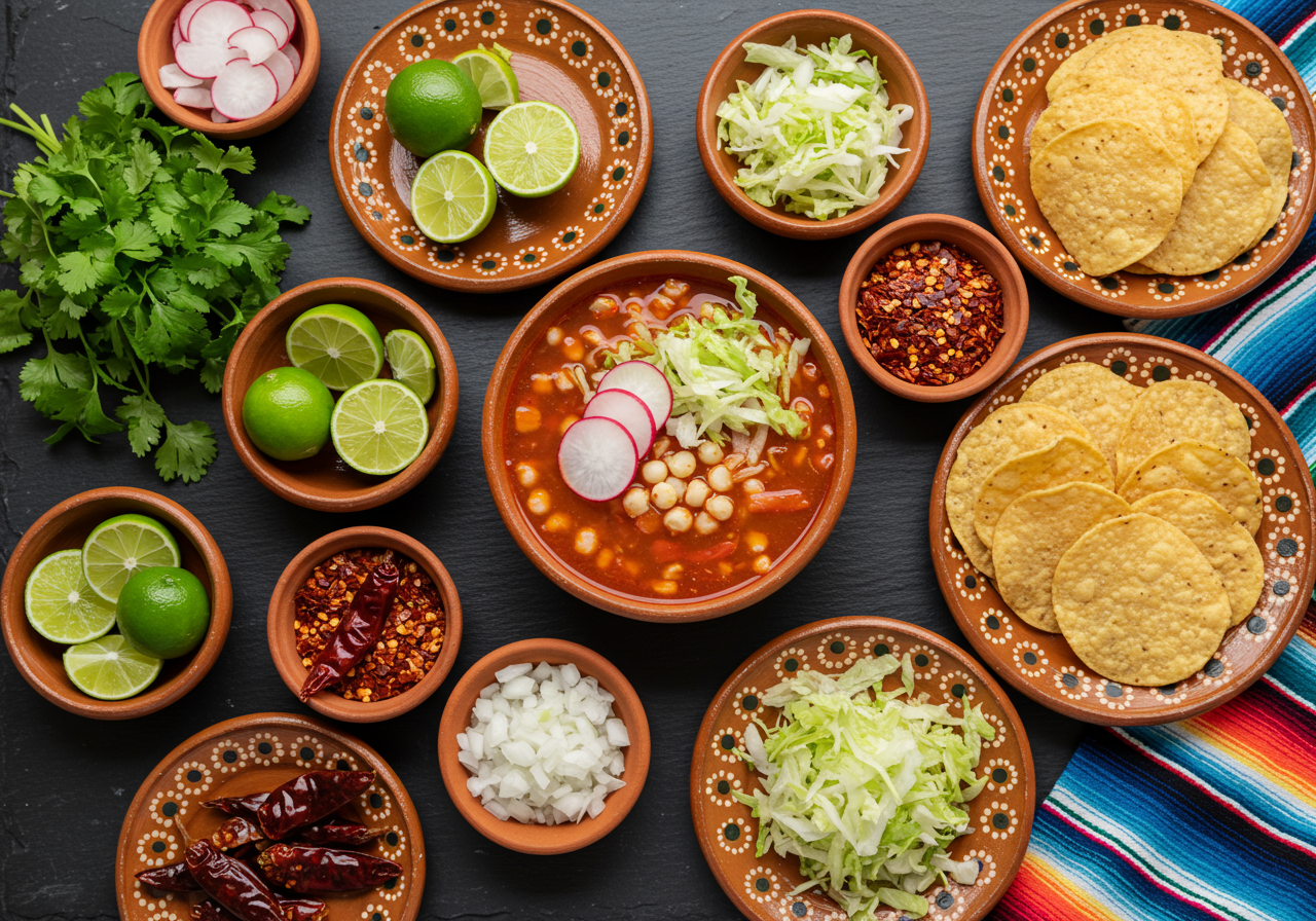 A bowl of red pozole surrounded by plates of toppings.