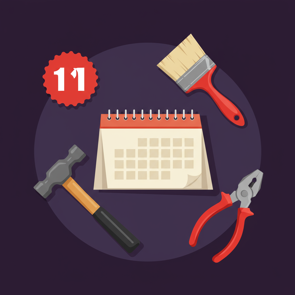 Calendar marked 11 surrounded by a paintbrush, hammer, and pliers.