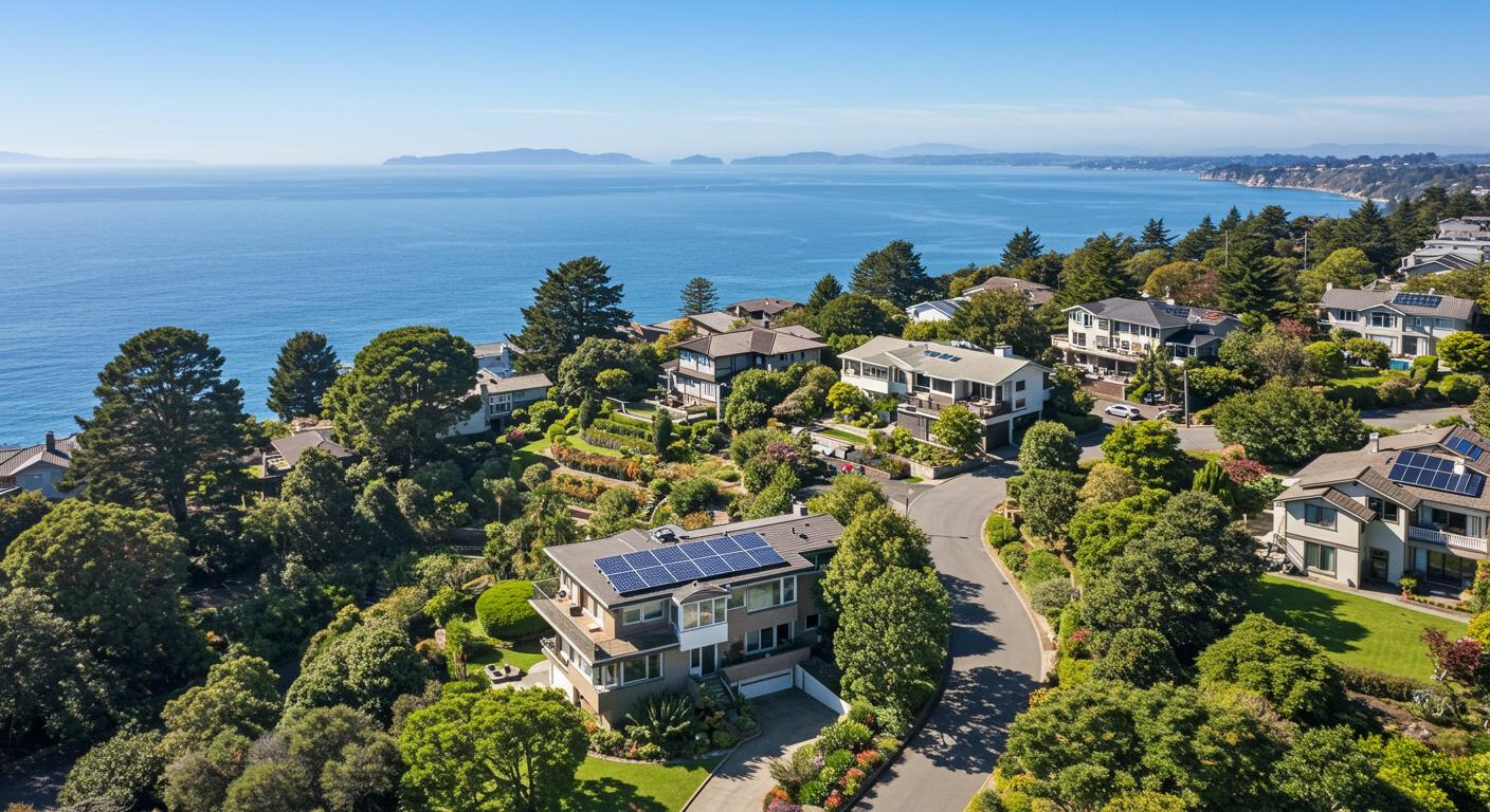 Exterior aerial view of 545 Diamond Street, surrounded by lush landscaping sitting on ocean view bluff.