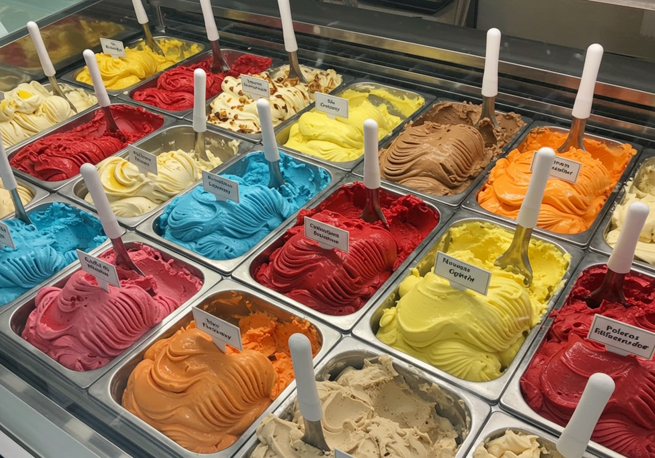 A cooler filled with tubs of Italian ice.