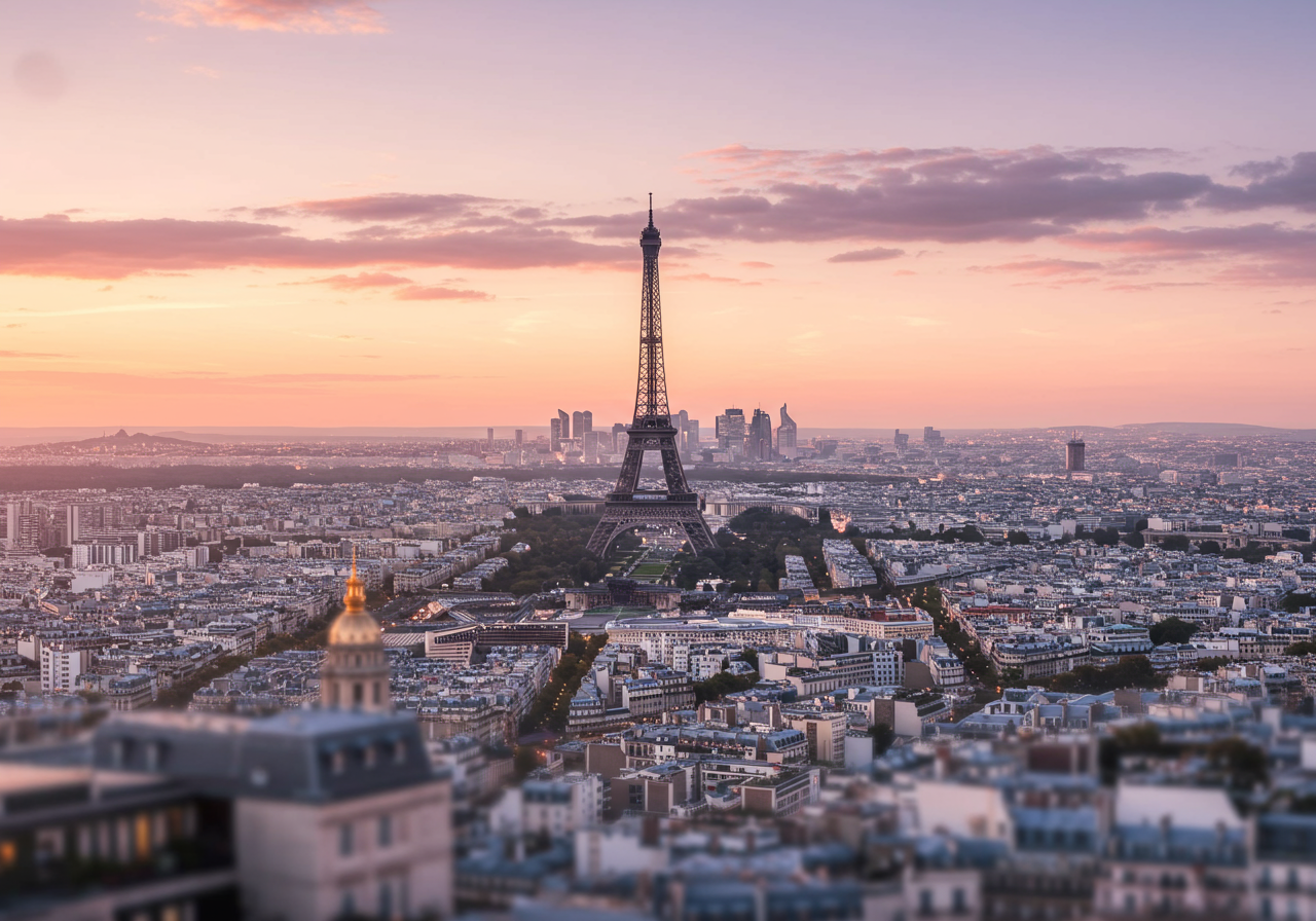 Sunset over Eiffel tower in Paris