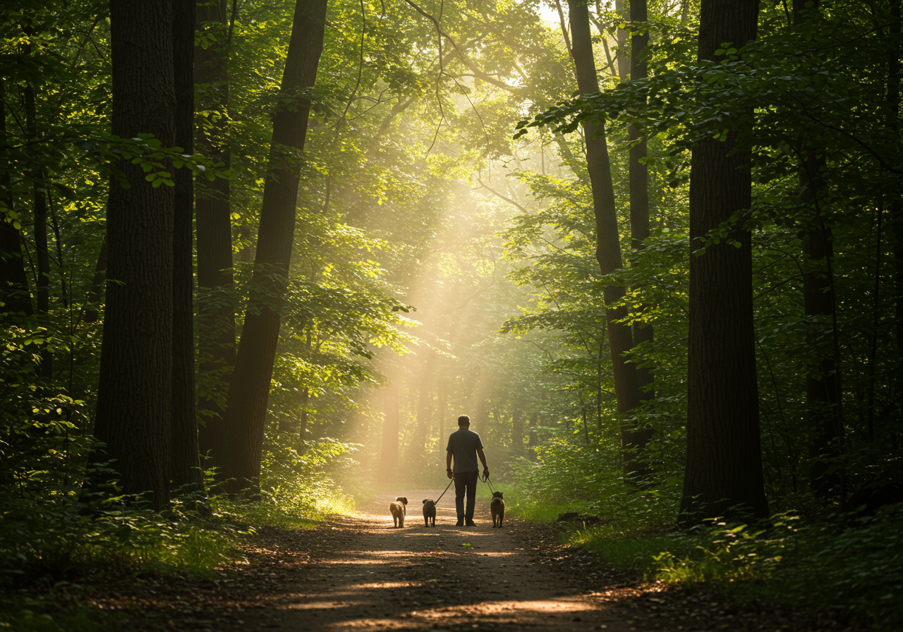 Trail in Redwood Regional Park with dogs enjoying off-leash hiking through forested paths.