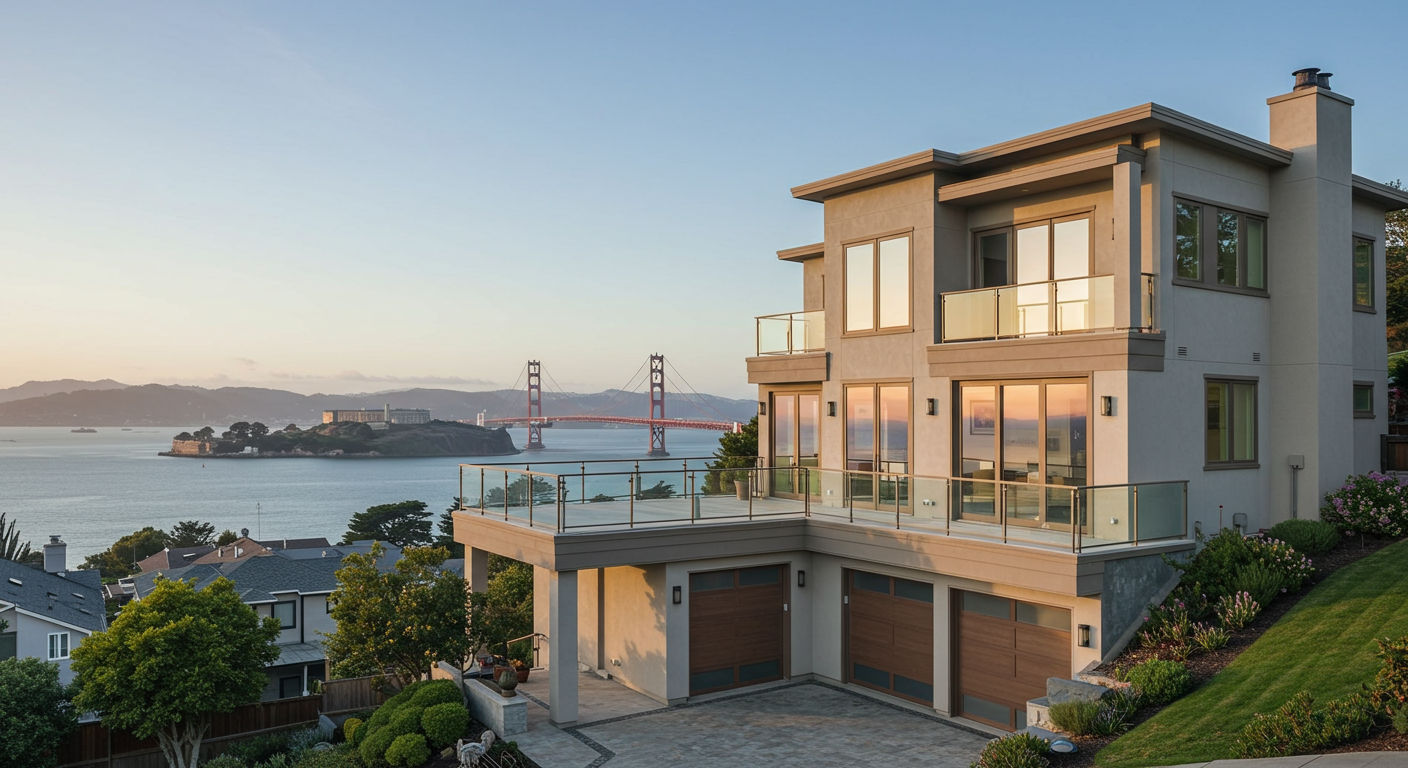 Modern waterfront home with glass balconies and a three-car garage overlooking the bay and Golden Gate Bridge.