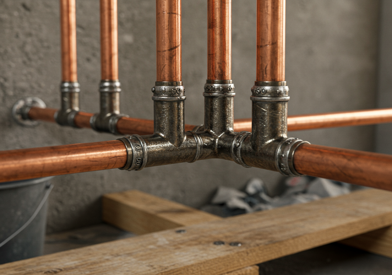 A few copper pipes in front of a concrete wall