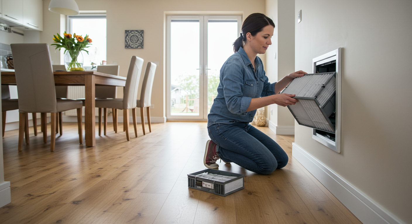 A woman kneeling down changing an air filther in a dinging room.