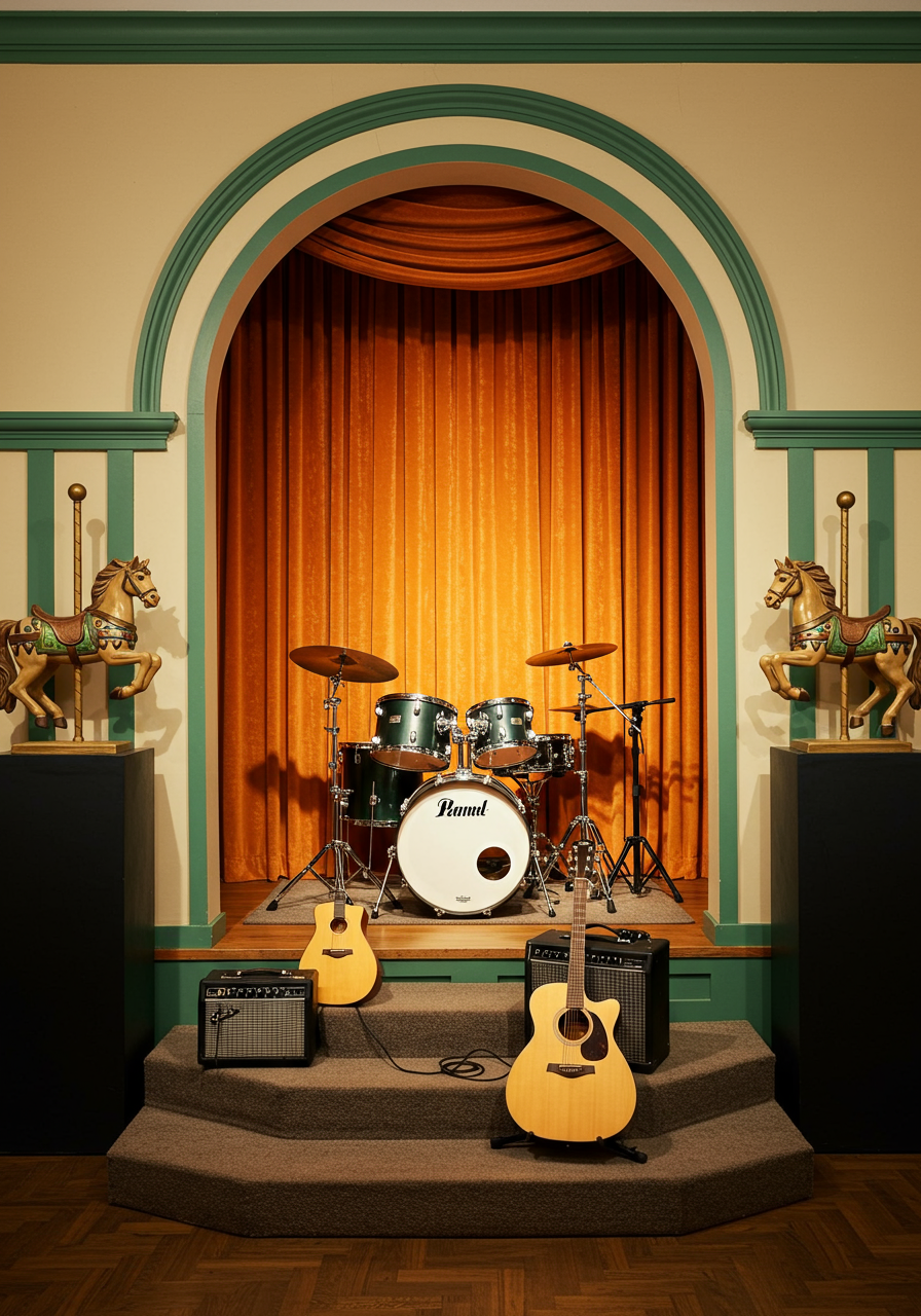 this curtained stage, designed by phillip sides, adds drama to everything from guitar practice to spontaneous productions