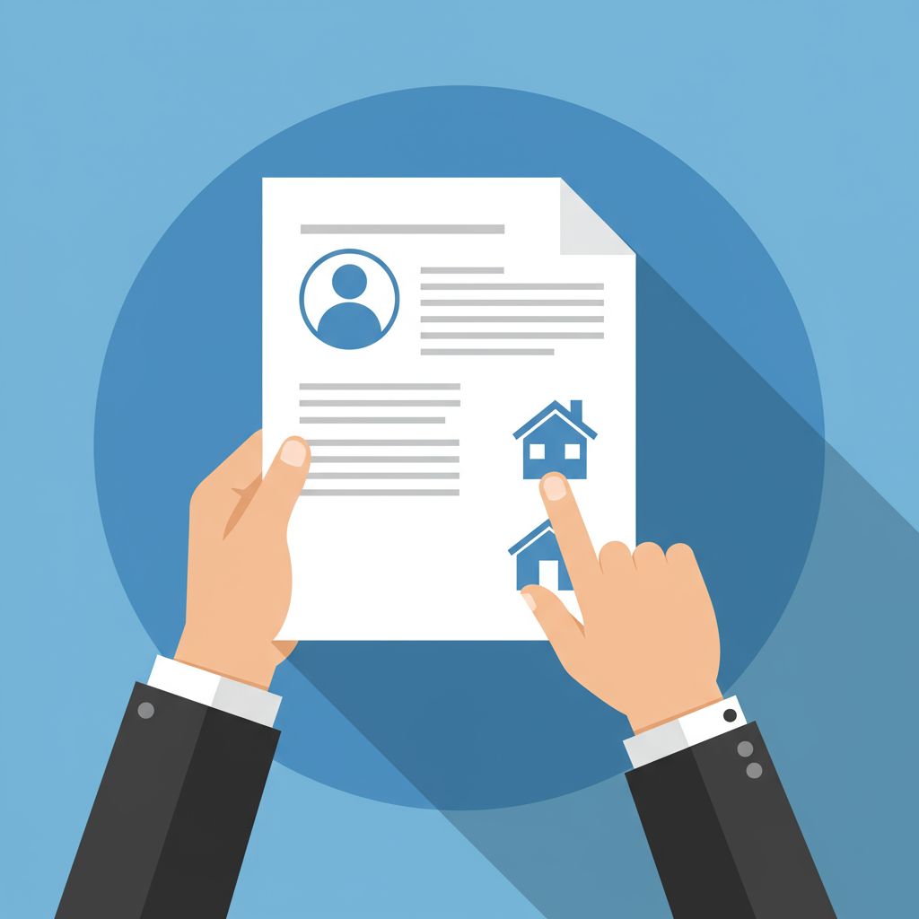Hands review a home buyer document featuring a profile symbol and two house icons.