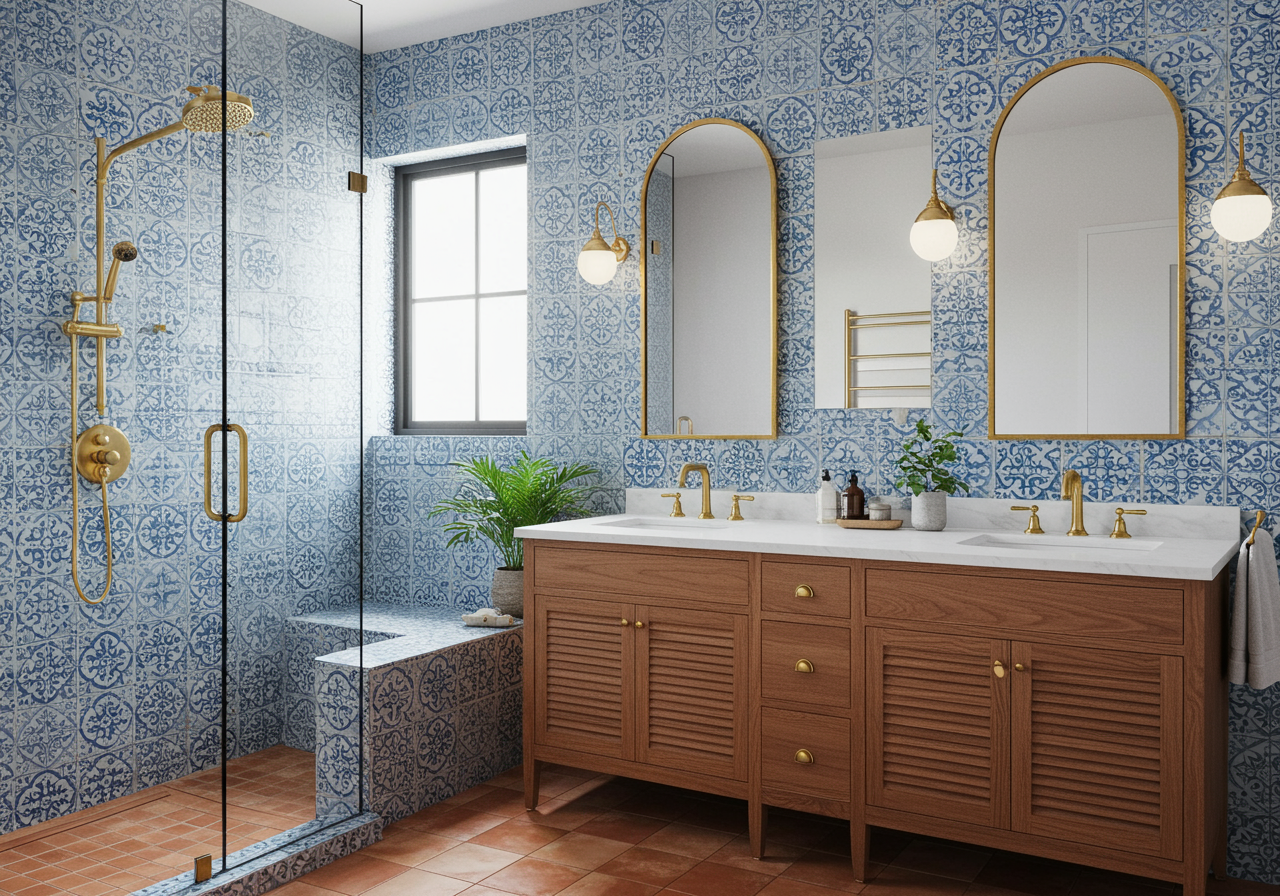 a contemporary bathroom featuring intricate blue and white patterned tiles covering the walls