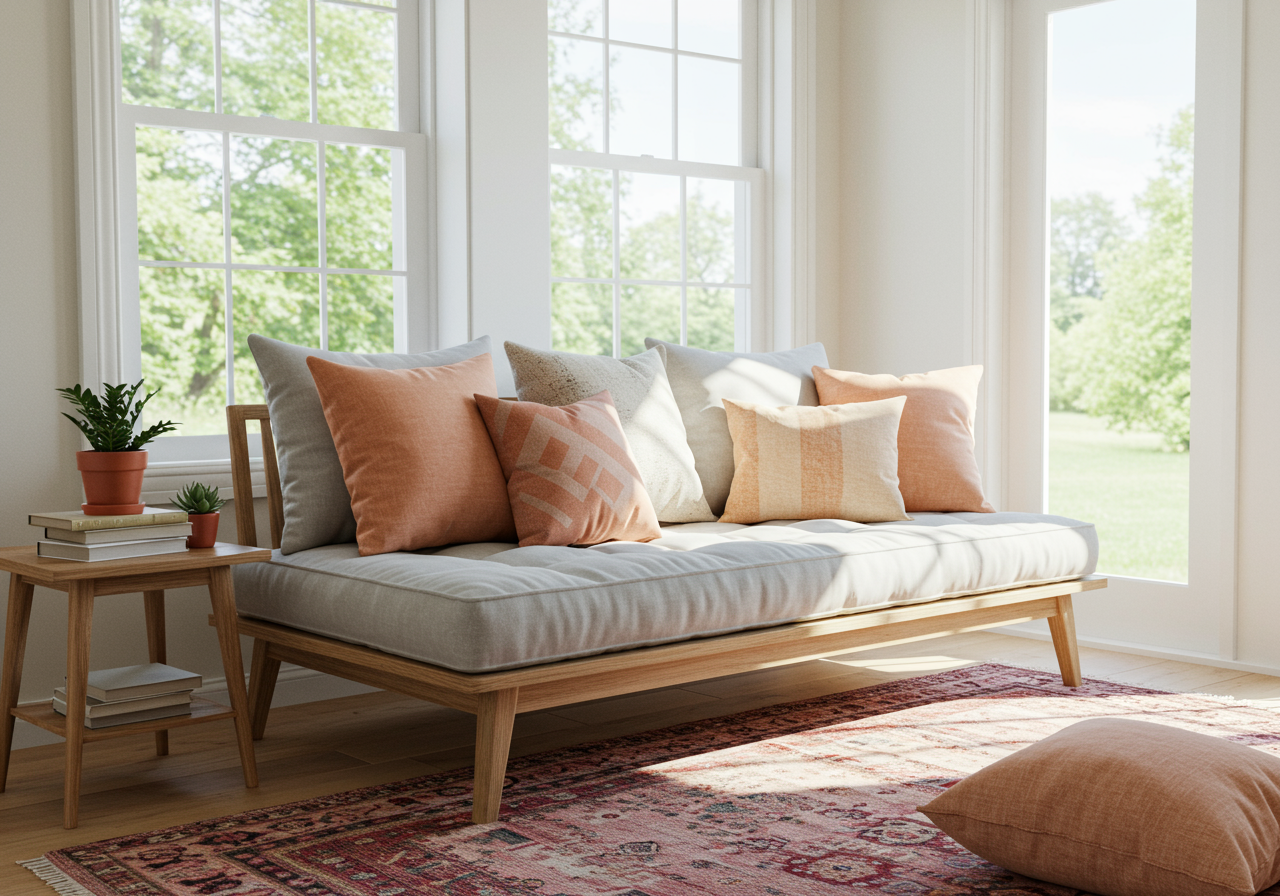 Daybed with throw pillows underneath a window
