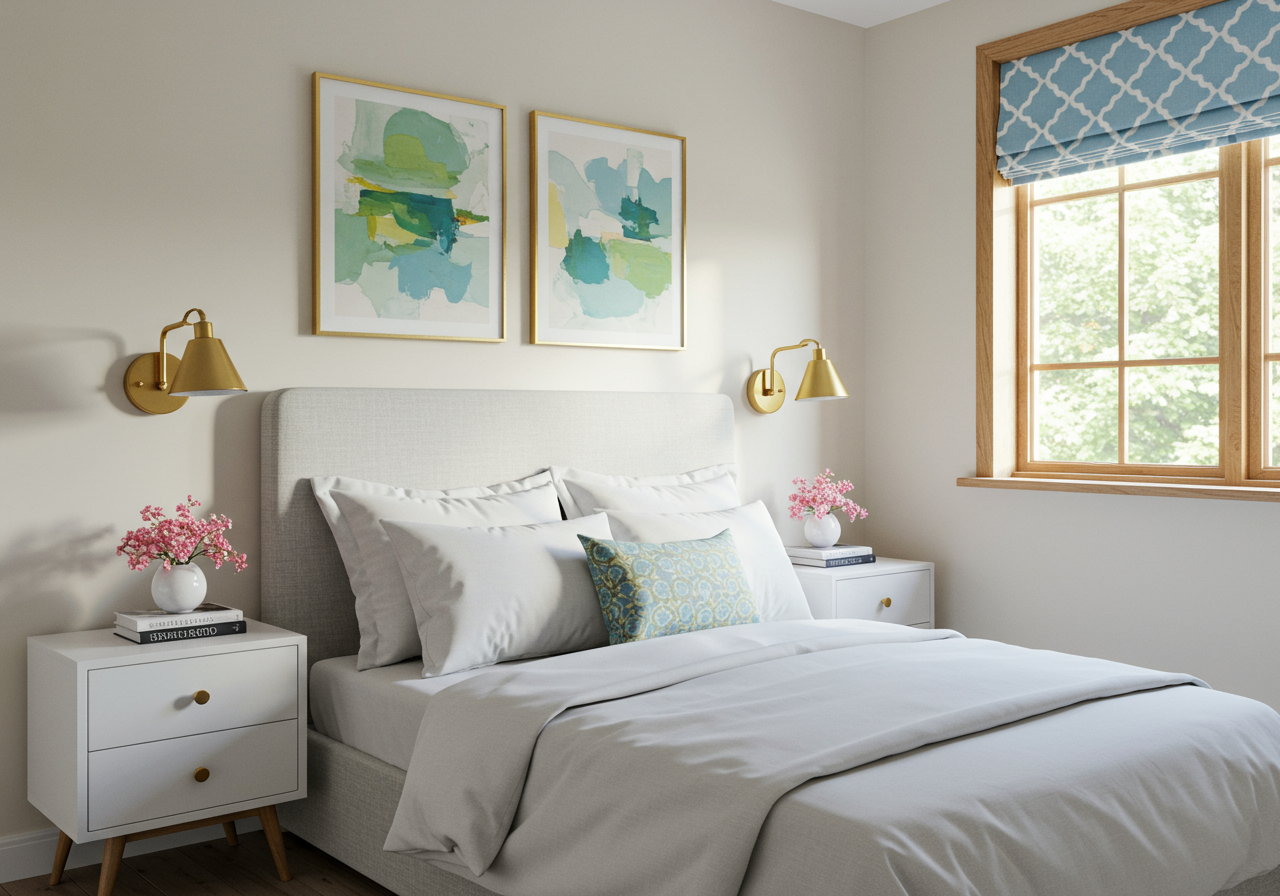 A bed with white lines and fluffy blue-green pillows