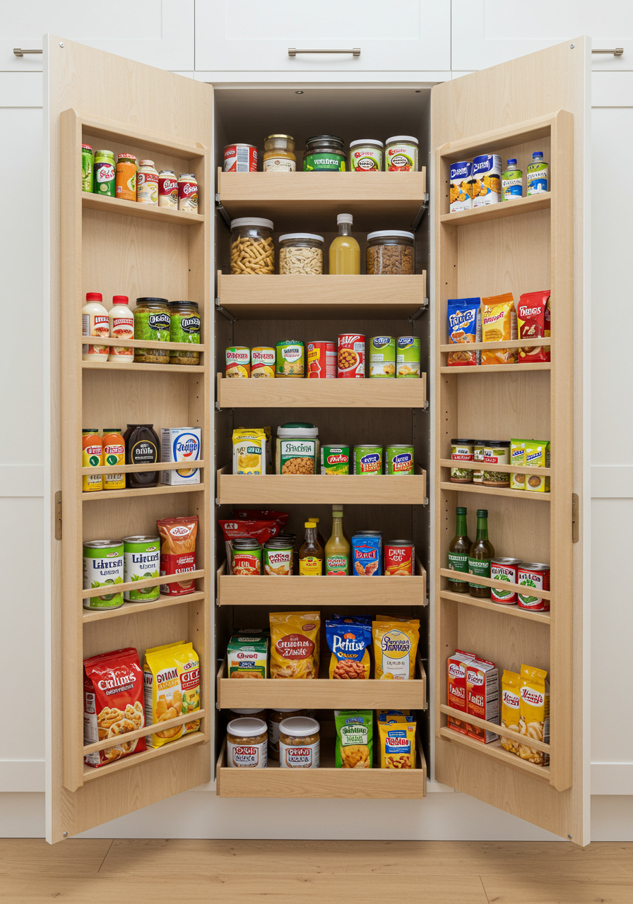 Organized pantry layout with tiered storage
