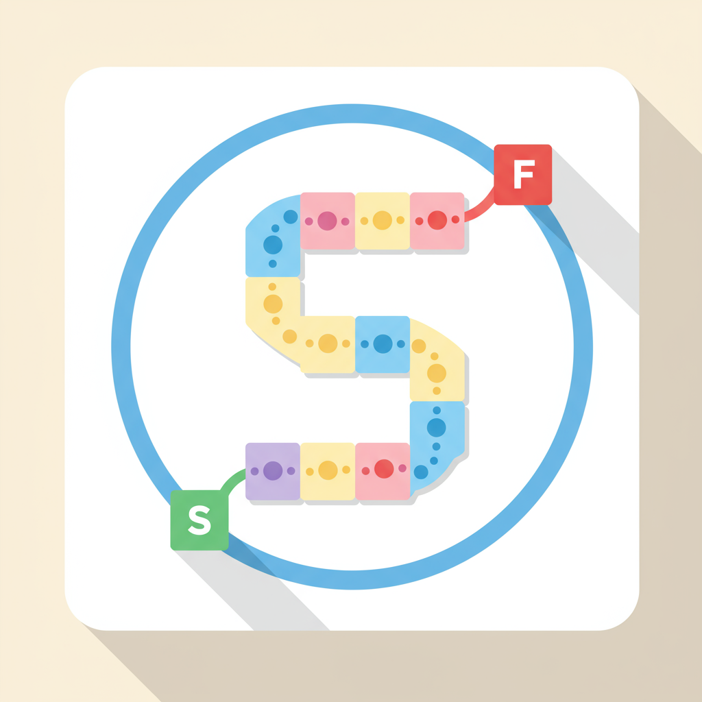 Illustrated path winding from a green “S” start to a red “F” finish.