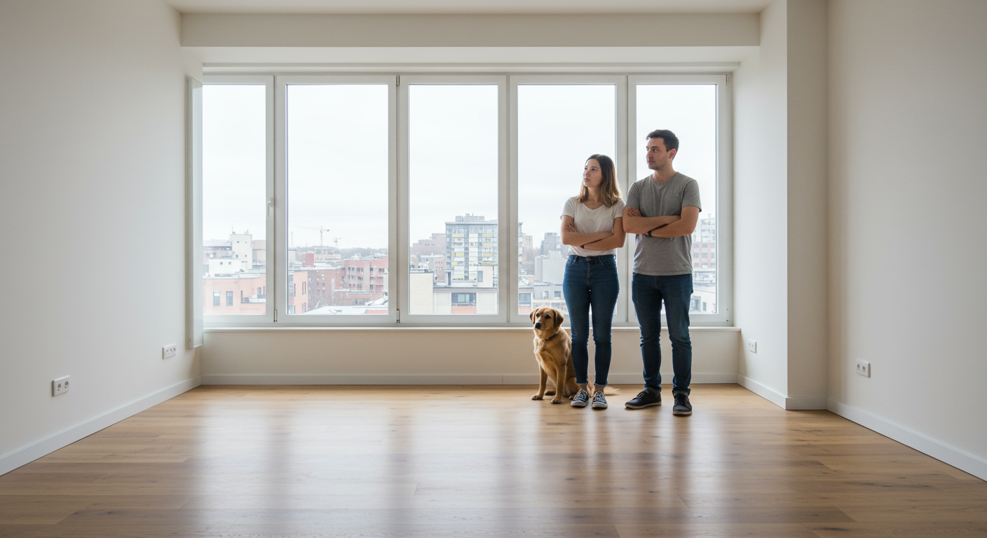 A young couple with a dog in an empty apartment.
