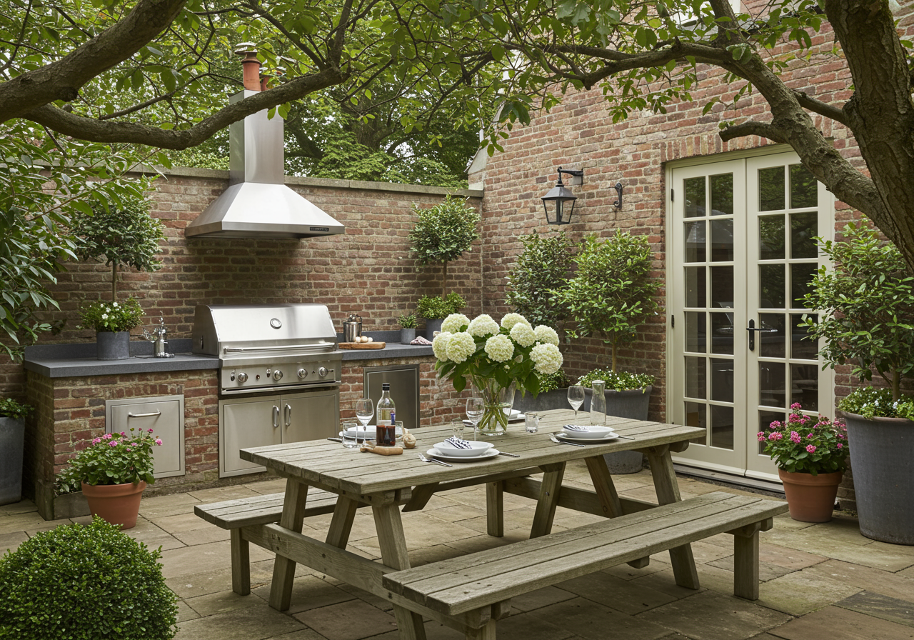 outdoor kitchen with stone patio and picnic table