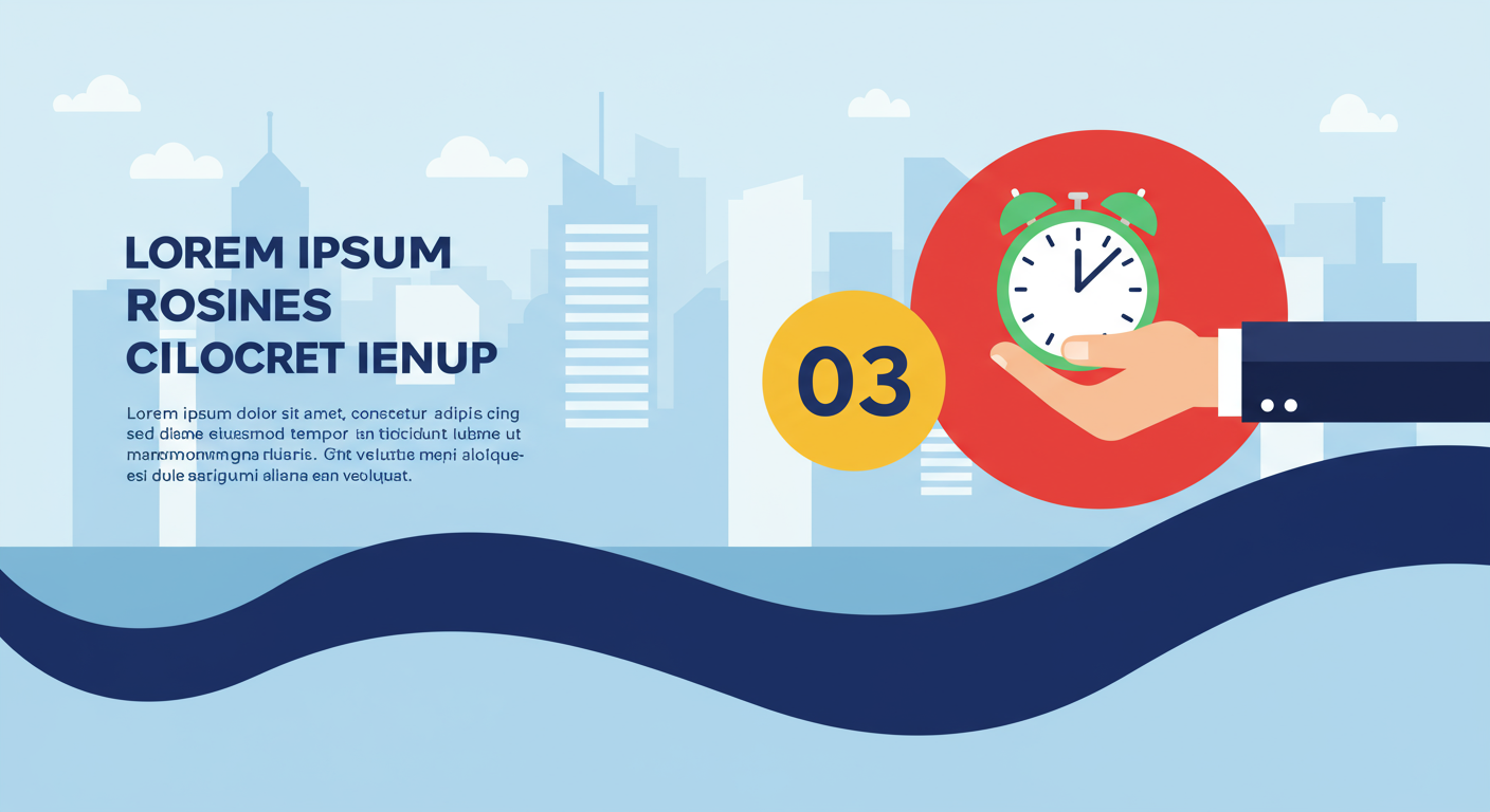 A hand holds an alarm clock marked 03 beside placeholder text and a city skyline.
