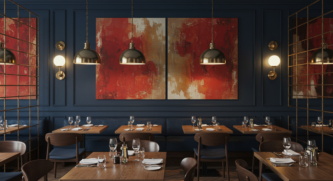 Photo of the interior of Seven Hills Restaurant in Russian Hill, San Francisco. The restaurant is dimly lit and has a warm and inviting atmosphere. There are tables and chairs arranged throughout the space, and there is a bar in the back. The walls are adorned with artwork, and there are candles on the tables.