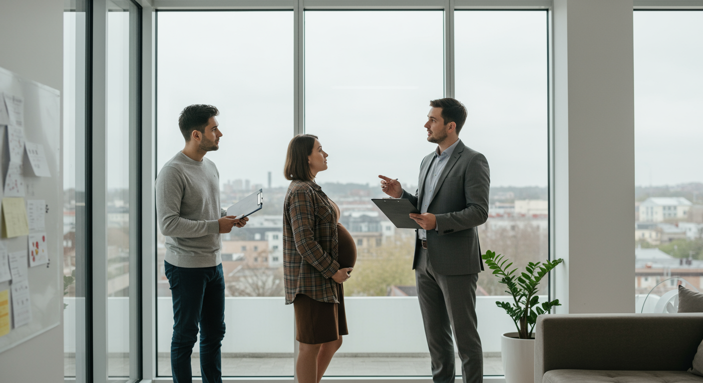 Real estate agent showing a modern home to a couple, pointing out features of the property near large windows.