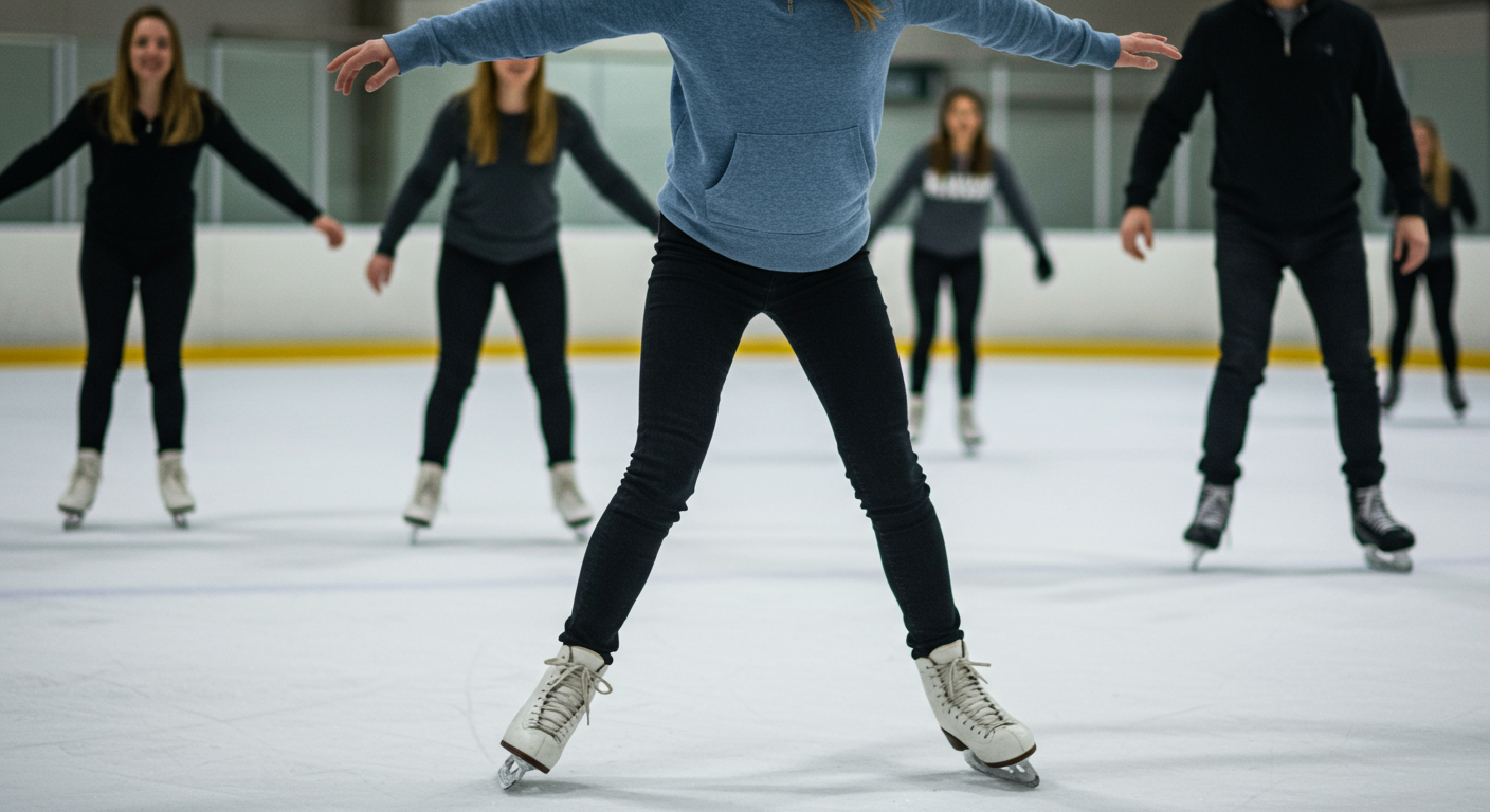 People ice skating at an indoor rink, with a blue-sweatshirt skater in the foreground.