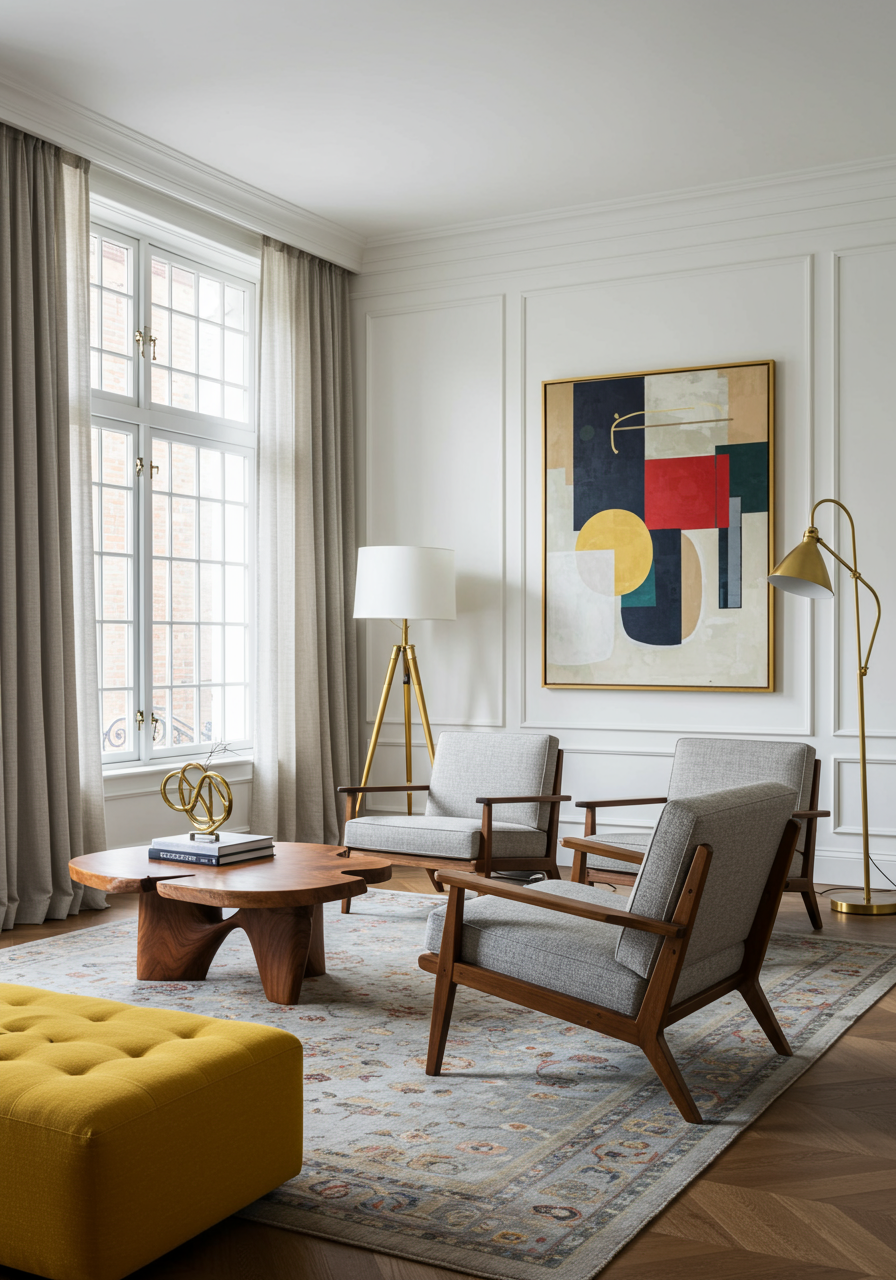 A corner of a room with cream-colored walls, panel molding and high curtains. A tall gold figural sculpture with a hollow head stands behind two armchairs with rectangular wooden frames and gray upholstered seating.