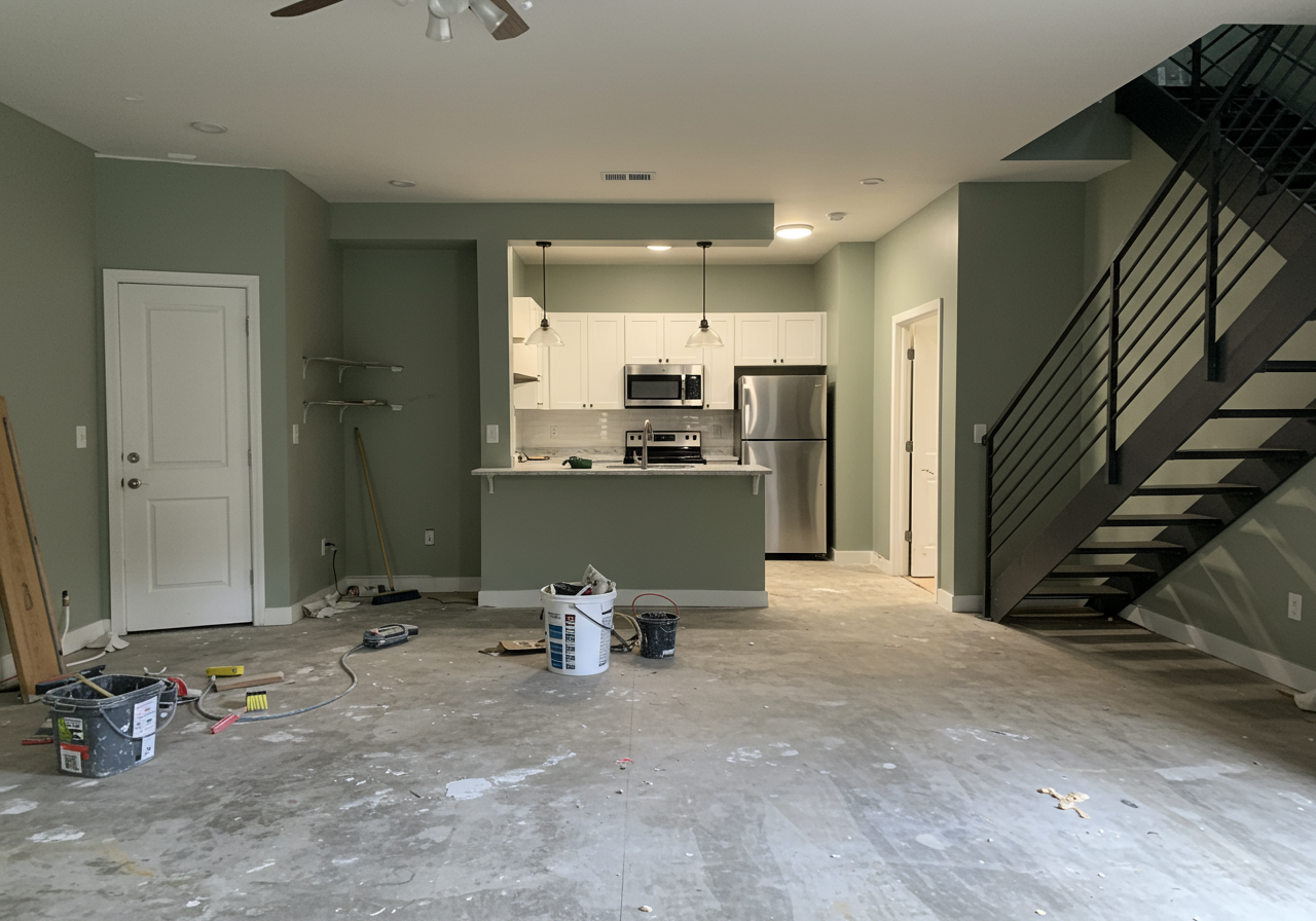 Open kitchen with white cabinets and stainless appliances, beside a black staircase and renovation tools on concrete flooring.