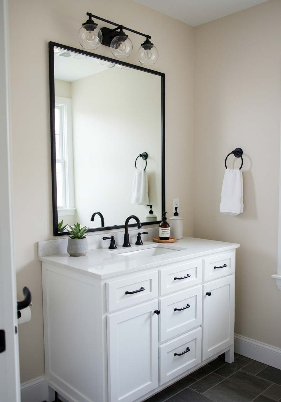 Bathroom vanity with a black-framed mirror, black fixtures, and white paneled cabinetry.