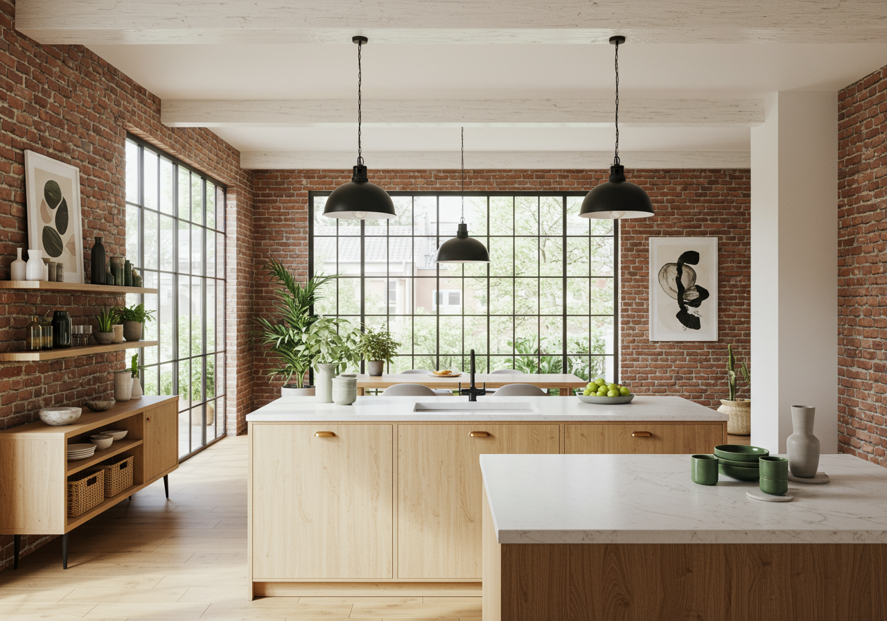 A bright kitchen with open shelving and wall of windows