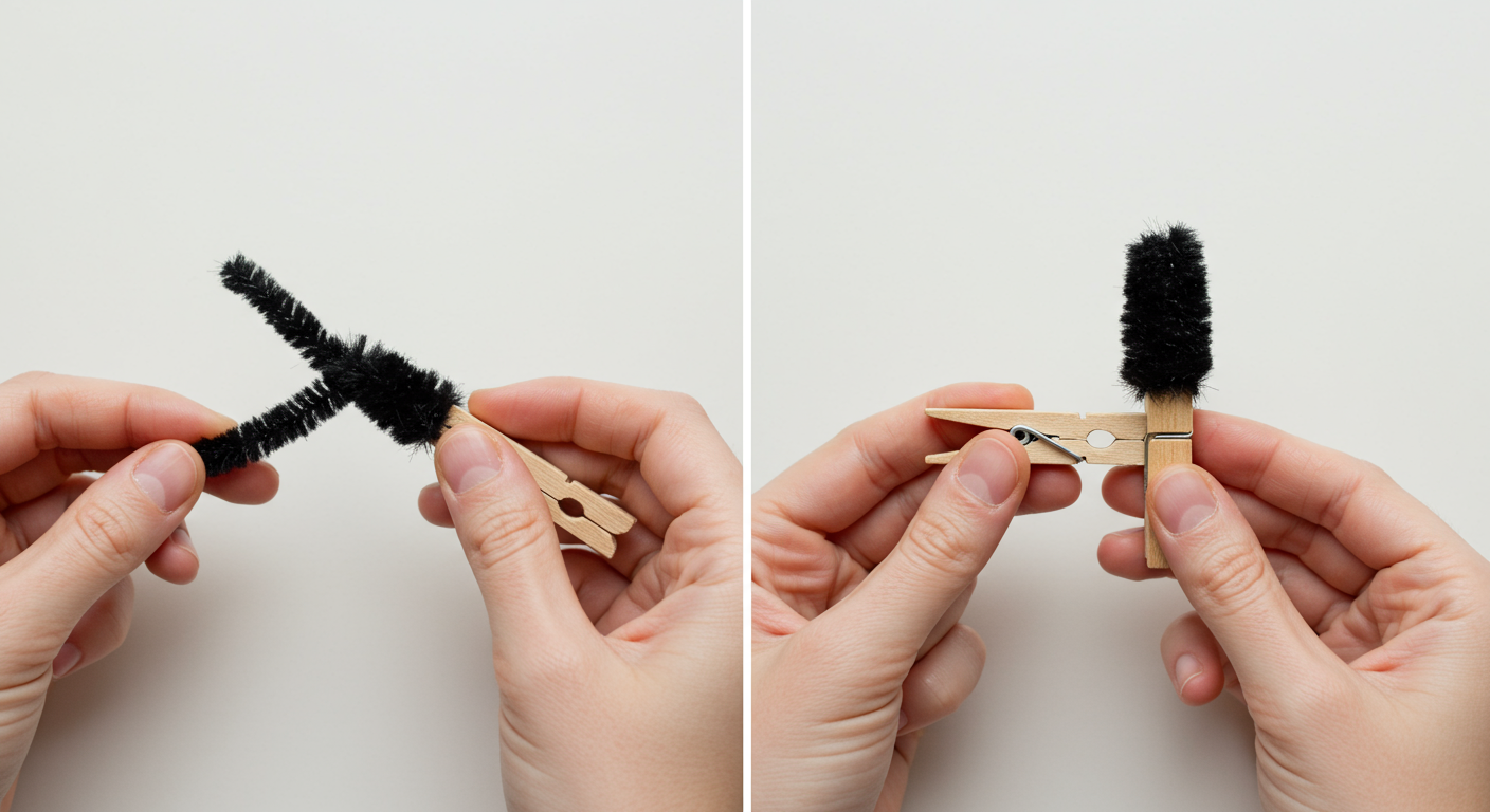 Wrapping pipe cleaner around clothespin to create hat