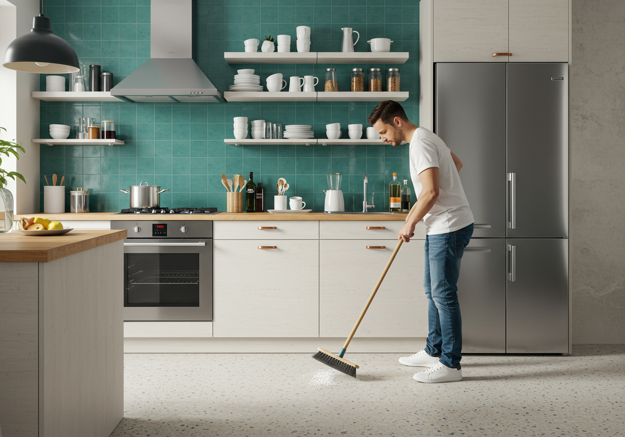 Man sweeping the kitchen floor to deep clean and refresh the home in preparation for spring.