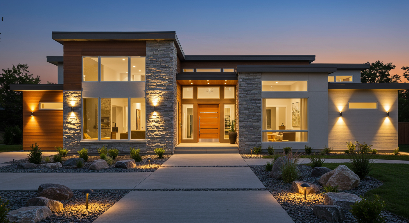 A modern house with a flat roof, large windows, and a concrete walkway leading up to the front door. 