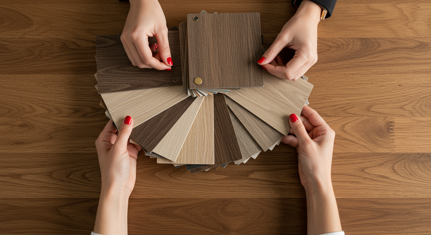 women showing Samples of laminate and vinyl floor tile