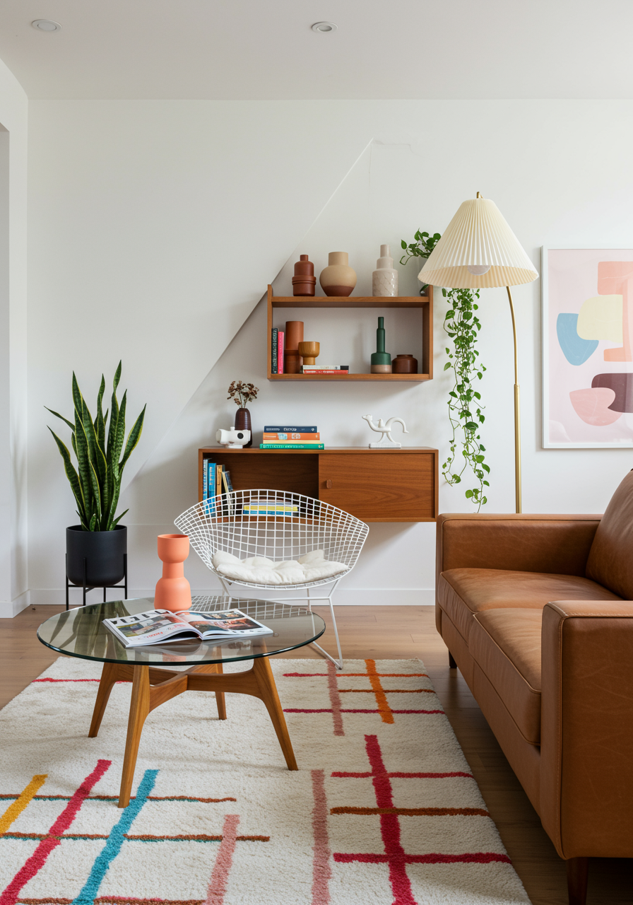 shot of williamsburg living room with sculptural floor lamp and leather sofa