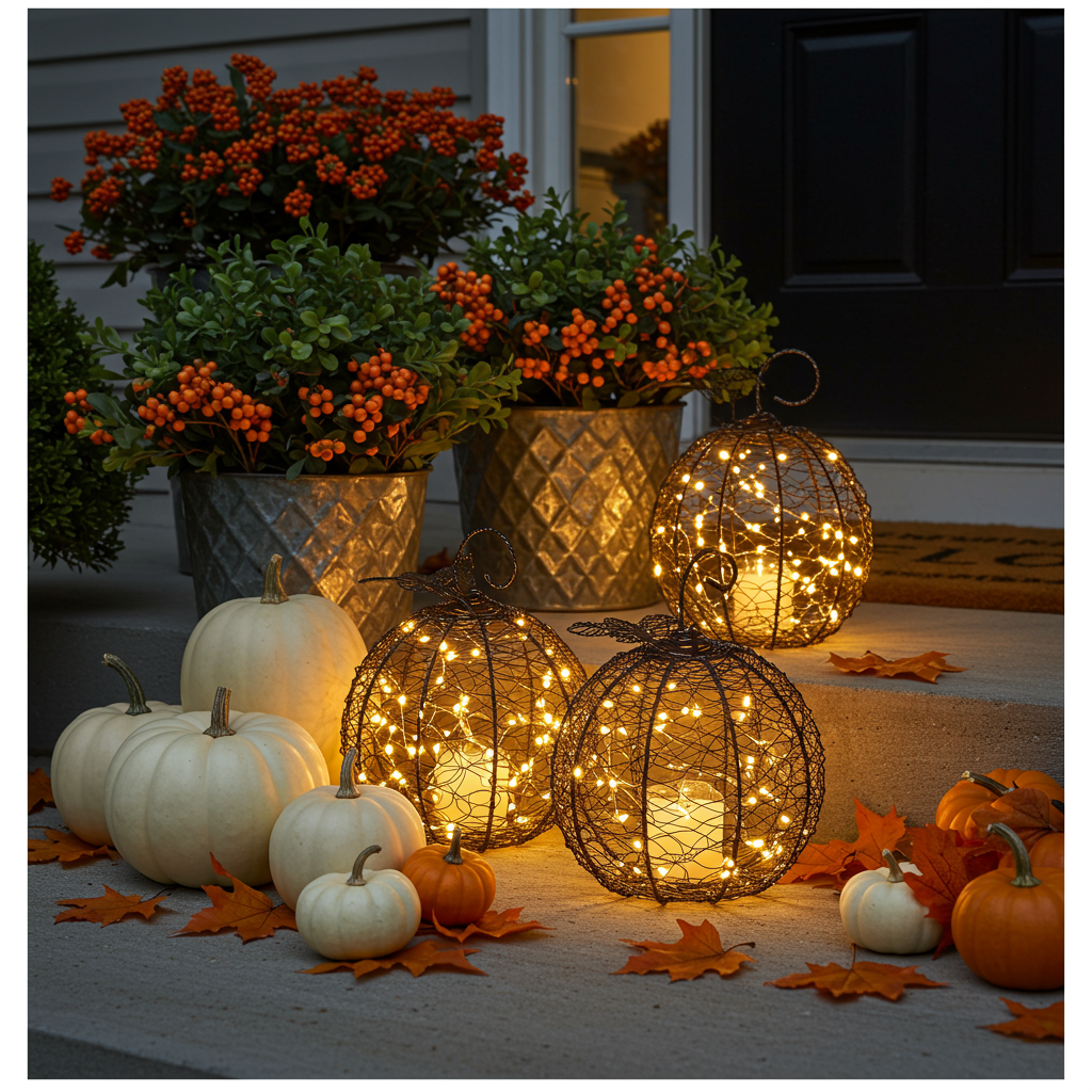 Pottery Barn Lit Black Wire Pumpkins