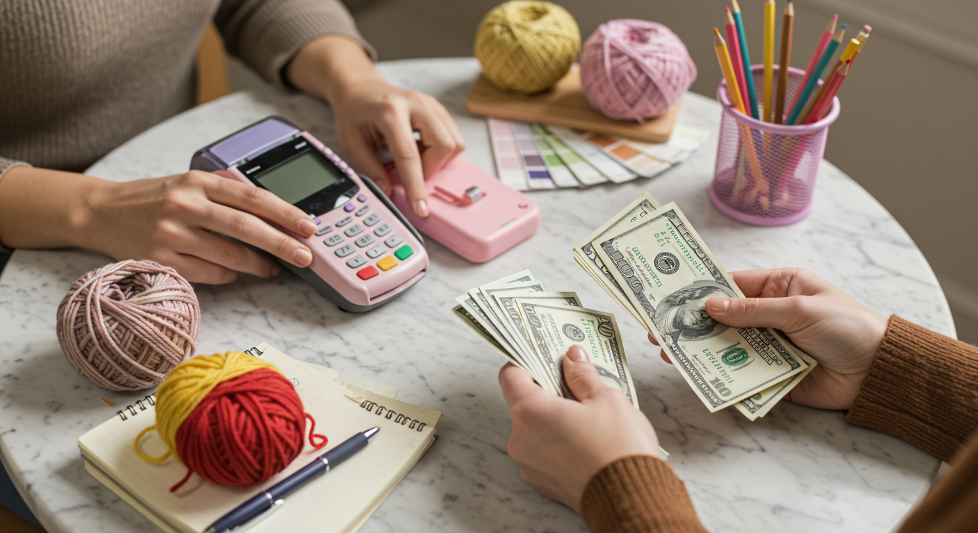 Man and woman holding and calculating money.