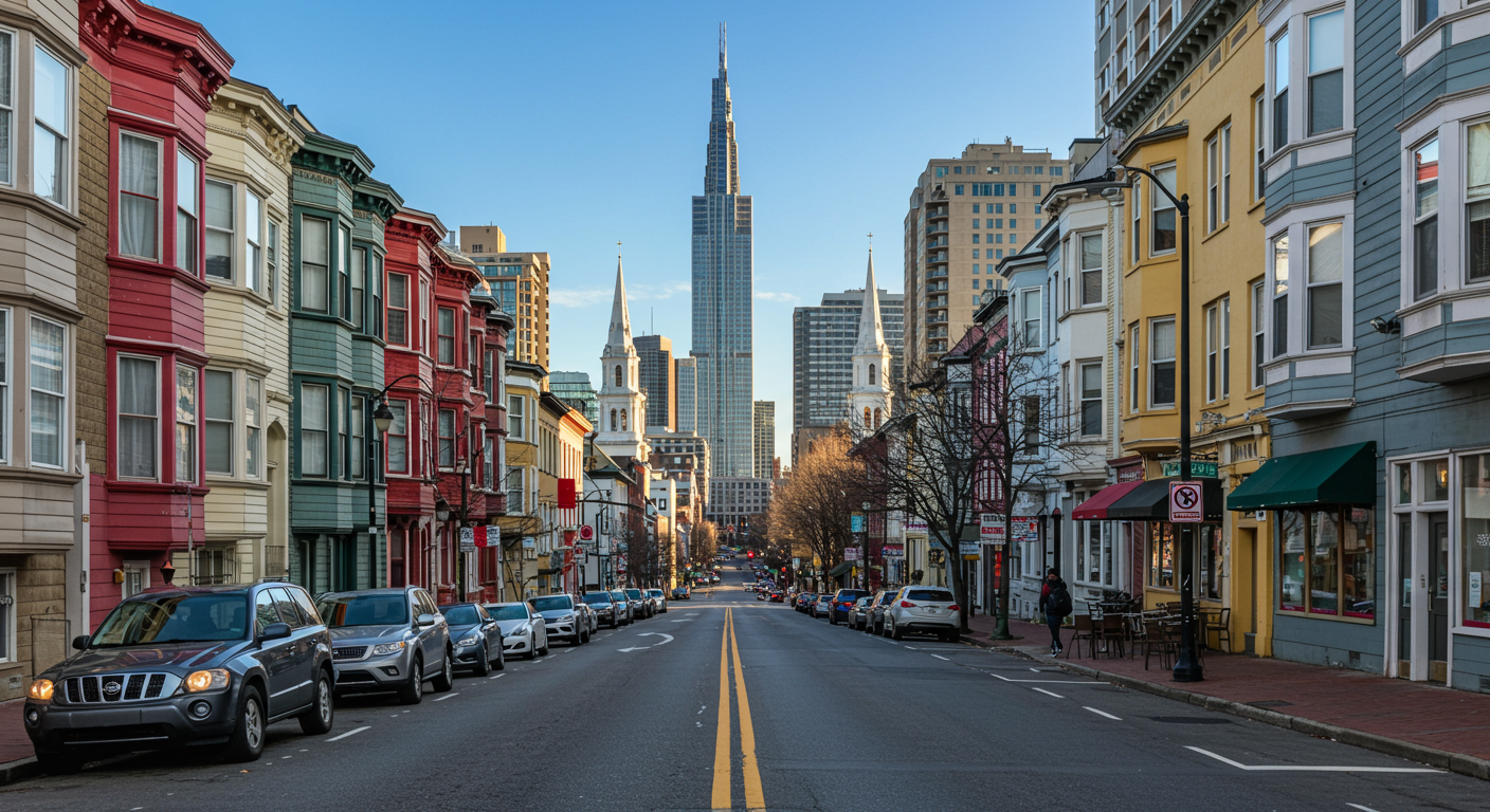 Old houses in downtown San Francisco in bright light with view to transamerica pyramid