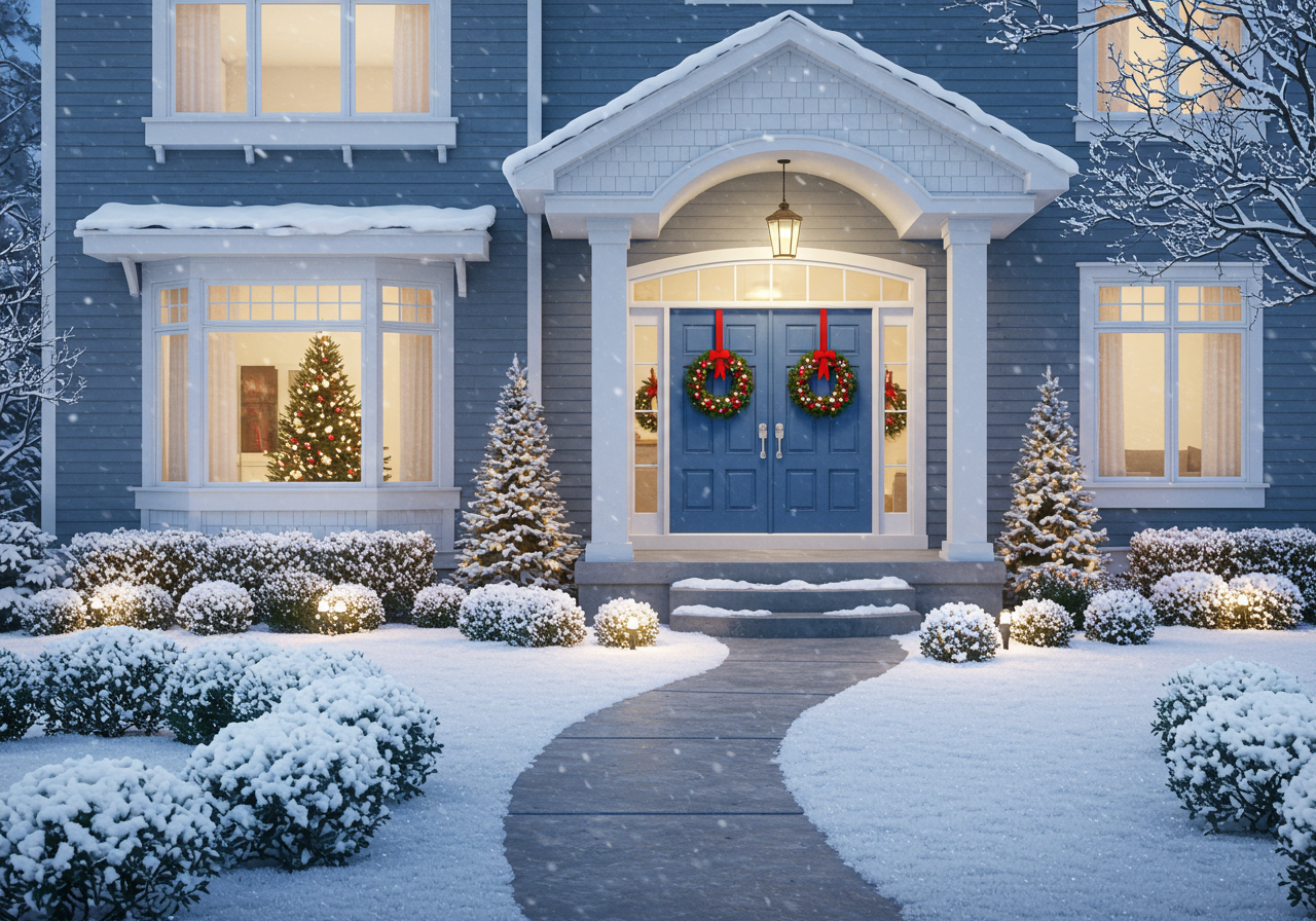 winter home exterior during the holidays.