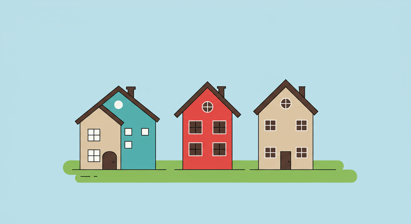 Illustration of three neighboring houses in teal, red, and beige.