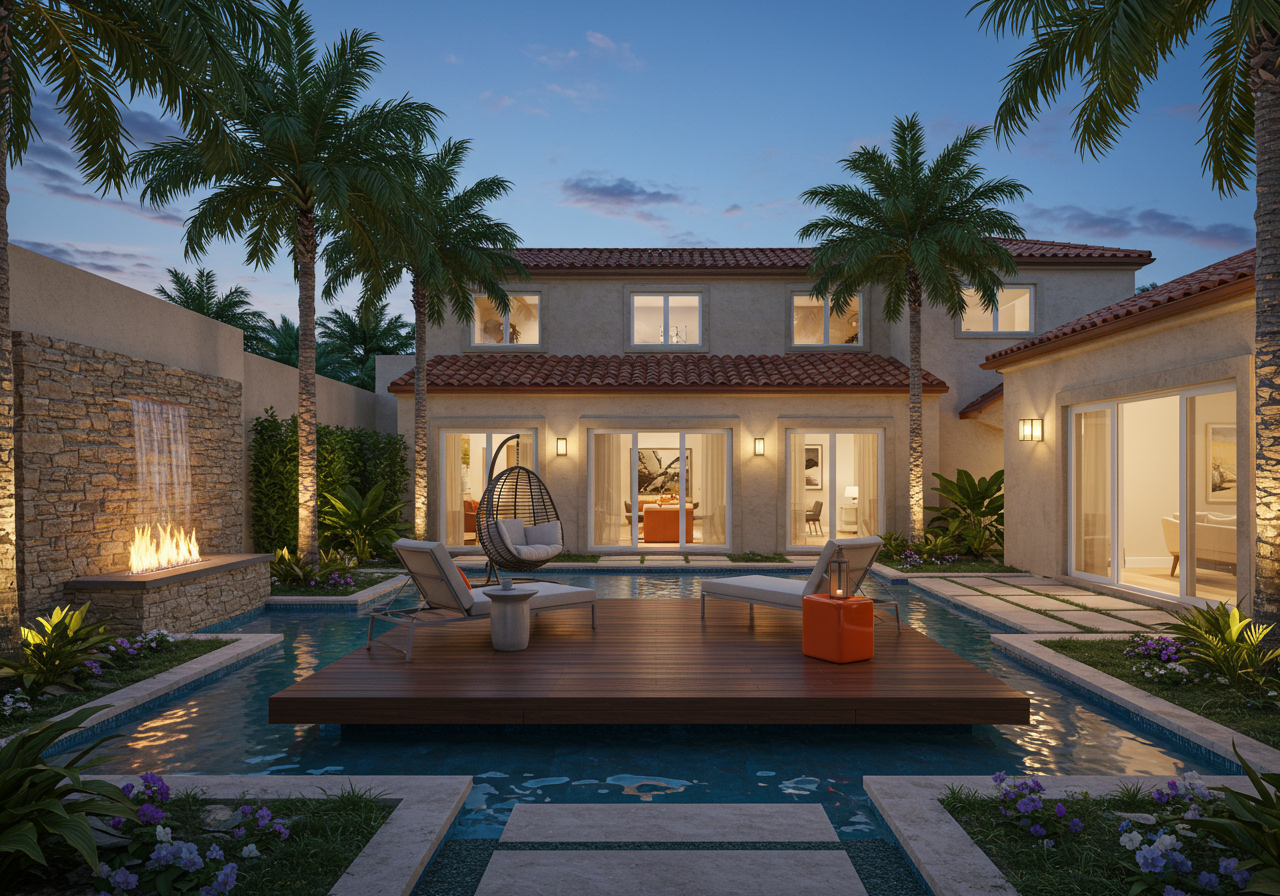Zen courtyard with teak deck over water feature, and stone pathway in the sand.