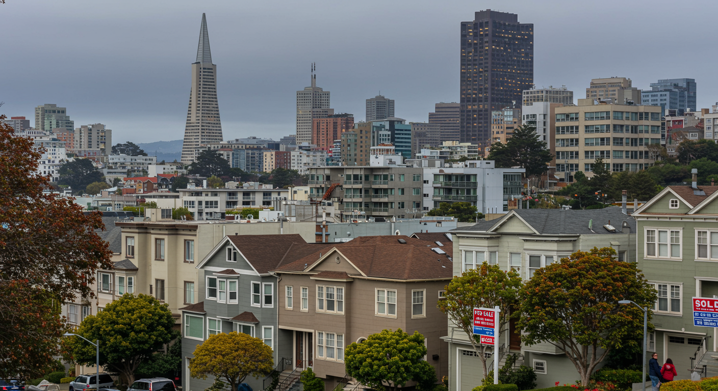 San Francisco homes beneath the downtown skyline, with real estate signs along the street.