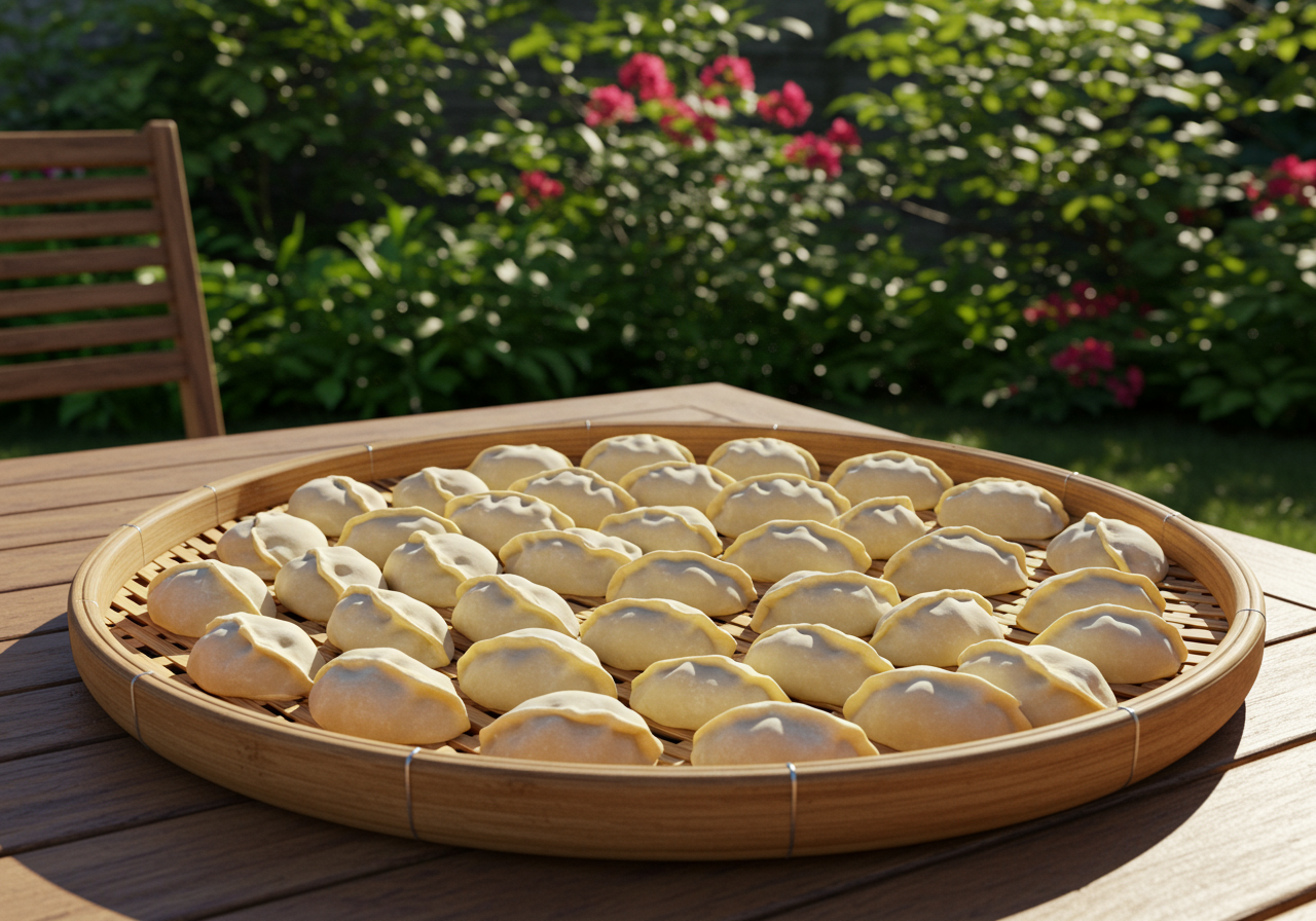 A circular plated filled with Chinese dumplings.