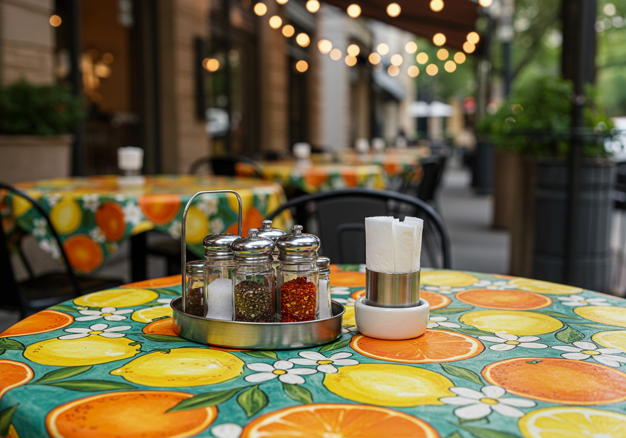 A colorful table on a sidewalk in a restaurant 